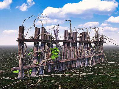Weathered Wooden Fence Covered With Twisted Vines And Branches Under Blue Sky With White Clouds 3d model