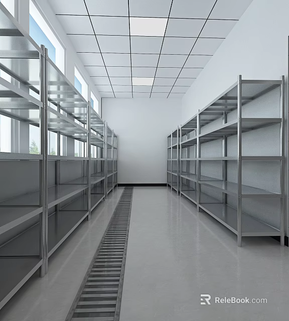 Commercial Kitchen With Stainless Steel Shelves Long Corridor White Walls Windows And Ceiling Lights 3d model 