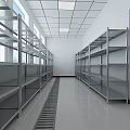 Commercial Kitchen With Stainless Steel Shelves Long Corridor White Walls Windows And Ceiling Lights