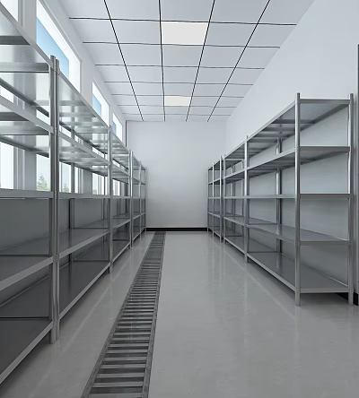 Commercial Kitchen With Stainless Steel Shelves Long Corridor White Walls Windows And Ceiling Lights 3d model