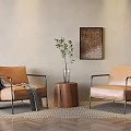 Modern Leisure Sofa Set With Brown Leather Chairs Metal Frame Wooden Stool And Green Plant