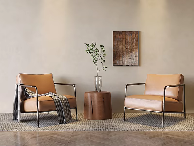 Modern Leisure Sofa Set With Brown Leather Chairs Metal Frame Wooden Stool And Green Plant 3d model