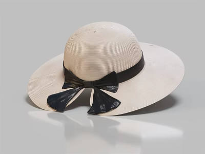 Classic Ivory Wide Brim Straw Hat Adorned With Black Bow Detail 3d model