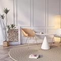 Modern Table And Chair Set With Round Woven Rug Potted Plant And Decorative Painting