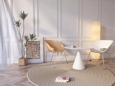 Modern Table And Chair Set With Round Woven Rug Potted Plant And Decorative Painting 3d model