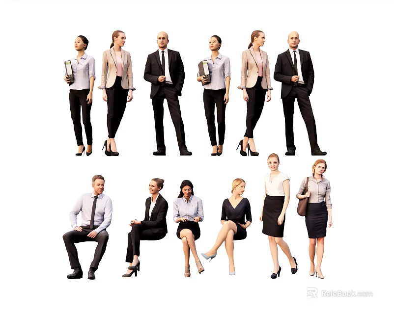 Group of Diverse Business Professionals in Formal Attire Standing and Sitting 3d model 