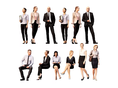 Group of Diverse Business Professionals in Formal Attire Standing and Sitting 3d model