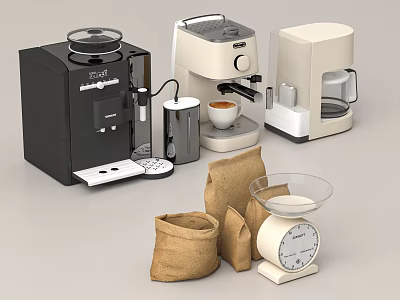Essential Coffee Making Equipment Including Machines Cup Bean Bags And Scale 3d model