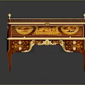 Ornate Antique Writing Desk With Red And Gold Inlaid Designs And Decorative Details