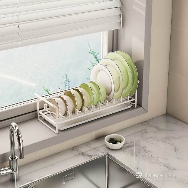 White Dish Rack With Dishes And Bowls On Kitchen Windowsill 3d model 