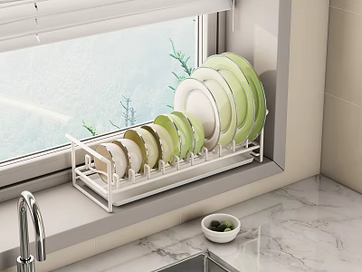White Dish Rack With Dishes And Bowls On Kitchen Windowsill 3d model