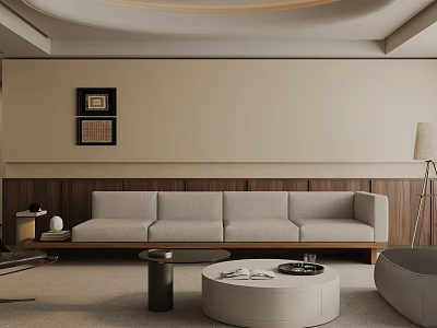 Modern Living Room With Beige Walls Decorative Frames Light Gray Sofa And Round Coffee Table 3d model