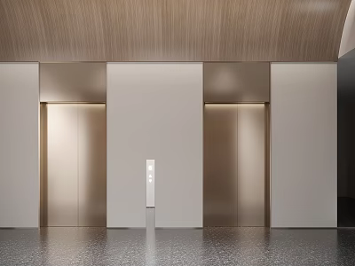 Modern Elevator Lobby Interior With Metallic Doors Wooden Ceiling And Polished Floor 3d model