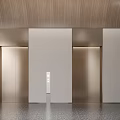 Modern Elevator Lobby Interior With Metallic Doors Wooden Ceiling And Polished Floor