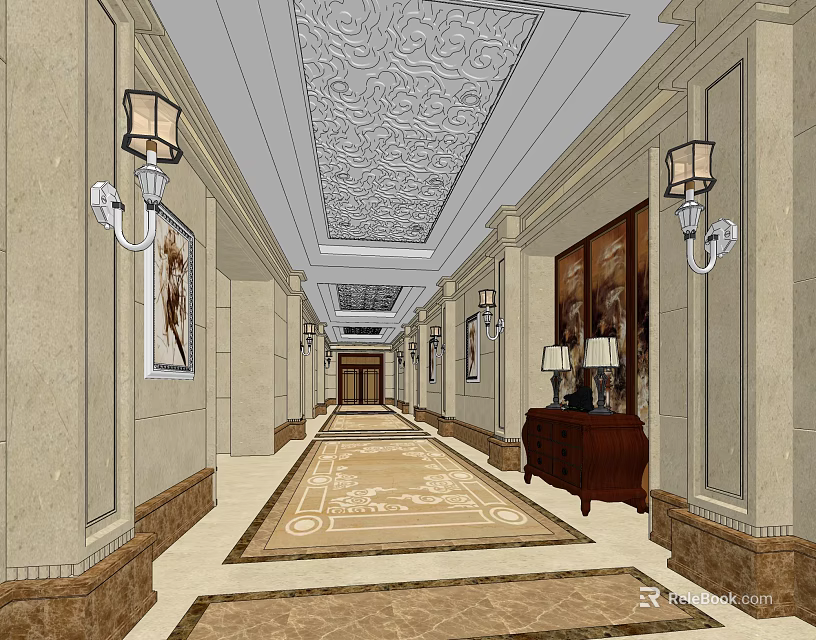 Luxurious Elevator Hallway Interior With Decorative Ceiling Wall Sconces And Framed Paintings 3d model