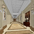 Luxurious Elevator Hallway Interior With Decorative Ceiling Wall Sconces And Framed Paintings 3d model
