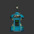 Futuristic Blue Teleportation Booth With Neon Lights Spiral Antenna And Control Screen