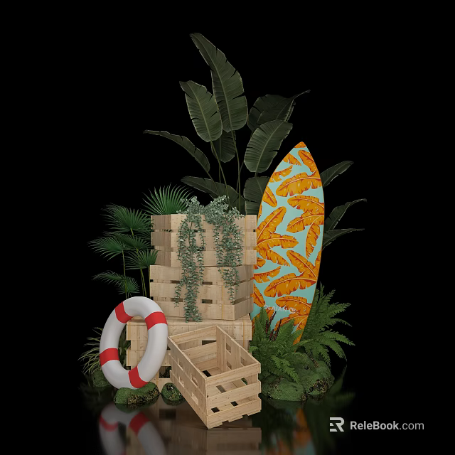 Tropical Photo Spot with Colorful Surfboard Wooden Crates Lifebuoy and Lush Plants 3d model 