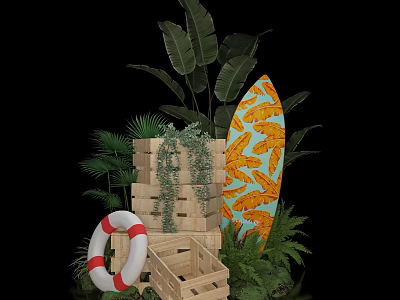 Tropical Photo Spot with Colorful Surfboard Wooden Crates Lifebuoy and Lush Plants 3d model