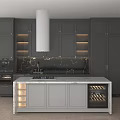 Modern Kitchen Interior With Dark Gray Cabinets White Island Black Marble Backsplash And Wine Rack