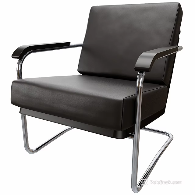 Black Leather Leisure Chair With Metal Armrests And Modern Sleek Frame 3d model 
