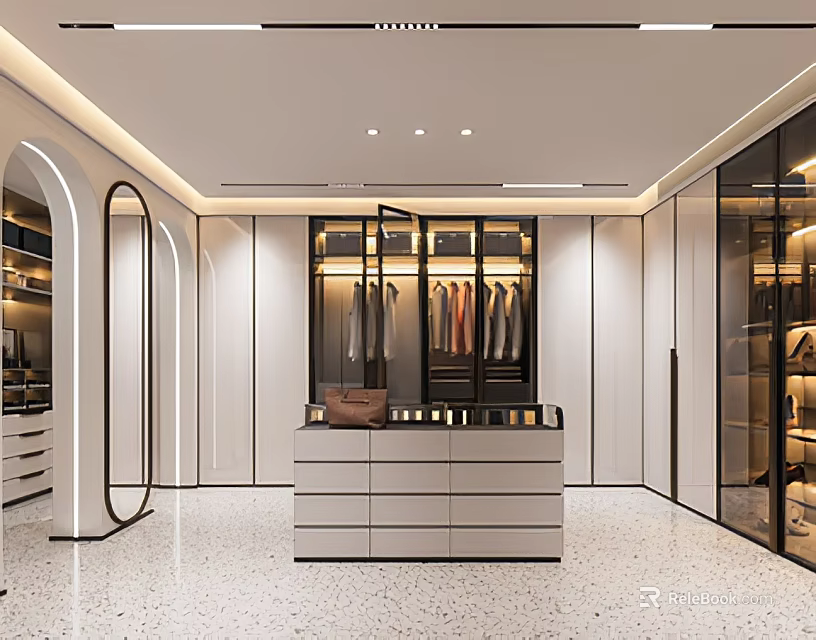 Modern Walk In Closet Interior With Island Counter And Storage 3d model 