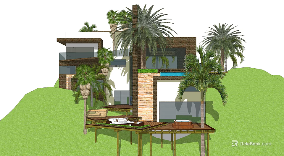 Modern Detached Villa With Palm Trees Swimming Pool And Wooden Deck 3d model 