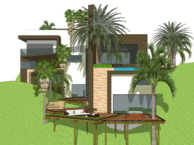 Modern Detached Villa With Palm Trees Swimming Pool And Wooden Deck 3d model