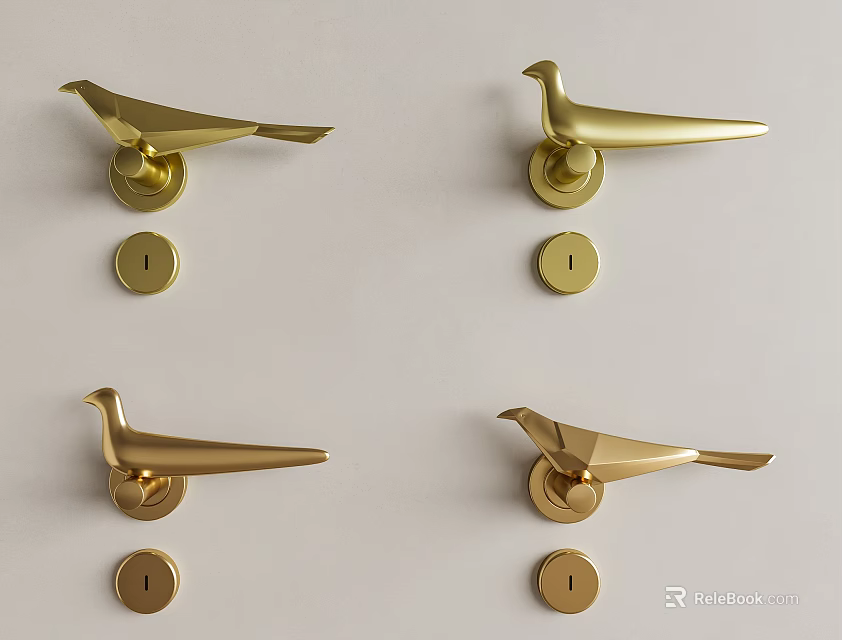 Golden Bird Shaped Door Handles With Round Keyholes On White Background 3d model 