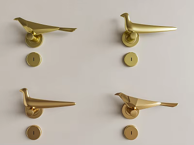 Golden Bird Shaped Door Handles With Round Keyholes On White Background 3d model
