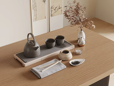 Traditional Elegant Tea Set With Teapot Cups Tray Tea Leaves Gray Cloth And Vase 3d model