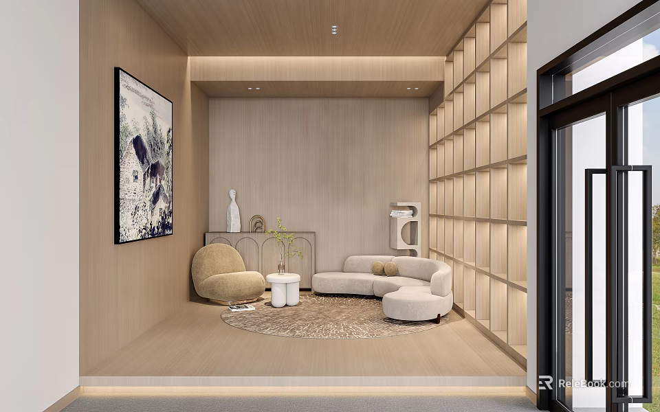 Modern Living Room Interior With Wooden Walls Sofa Round Rug And Decorative Painting 3d model 