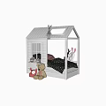 Cute Cabin Shaped Kids Bed With Skylight Stuffed Toys And Black White Polka Dot Bedding