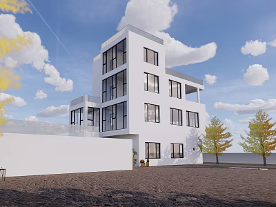 Modern White Detached Villa With Multi Story Design Large Windows And Courtyard Trees 3d model