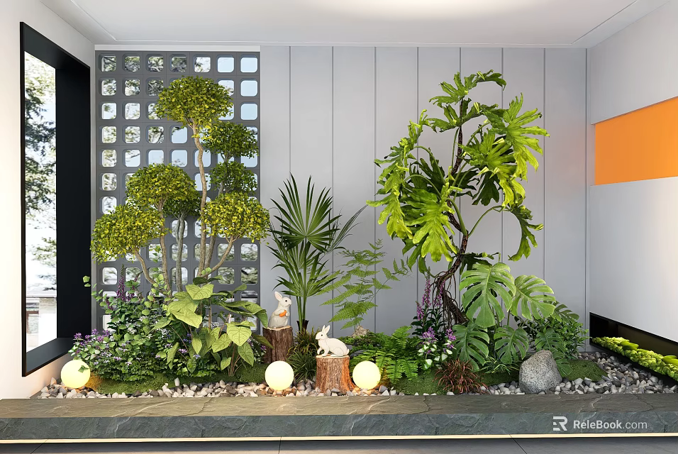 Indoor Landscape With Lattice Screen Various Green Plants Decorative Lights Stones And Rabbit Figurines 3d model 