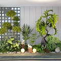 Indoor Landscape With Lattice Screen Various Green Plants Decorative Lights Stones And Rabbit Figurines