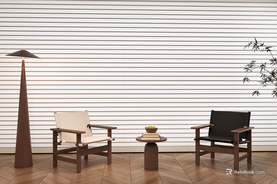 Leisure Chairs White Black Wooden Frame Indoor Vertical Striped Wall Bamboo Decor Coffee Table 3d model 