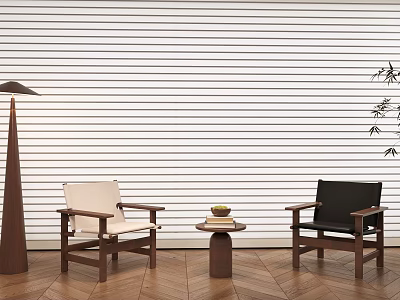 Leisure Chairs White Black Wooden Frame Indoor Vertical Striped Wall Bamboo Decor Coffee Table 3d model