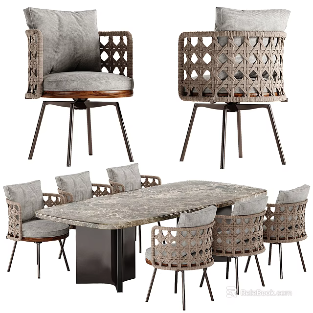 Contemporary Dining Set With Marble Tabletop Sturdy Metal Base And Six Woven Chairs 3d model 