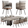 Contemporary Dining Set With Marble Tabletop Sturdy Metal Base And Six Woven Chairs