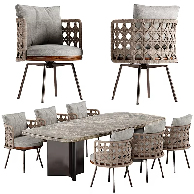 Contemporary Dining Set With Marble Tabletop Sturdy Metal Base And Six Woven Chairs 3d model