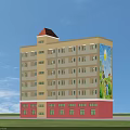 Multi Story School Building With Yellow Red Exterior Windows Red Roof Mural And Green Lawn