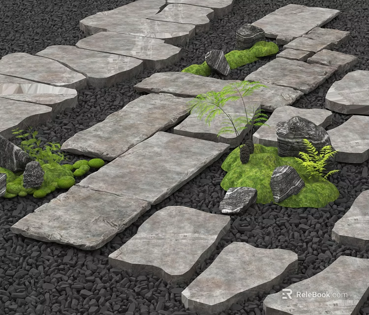 Natural Stepping Stones Garden Path With Stone Slabs Black Gravel And Green Plants 3d model 