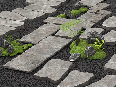 Natural Stepping Stones Garden Path With Stone Slabs Black Gravel And Green Plants 3d model
