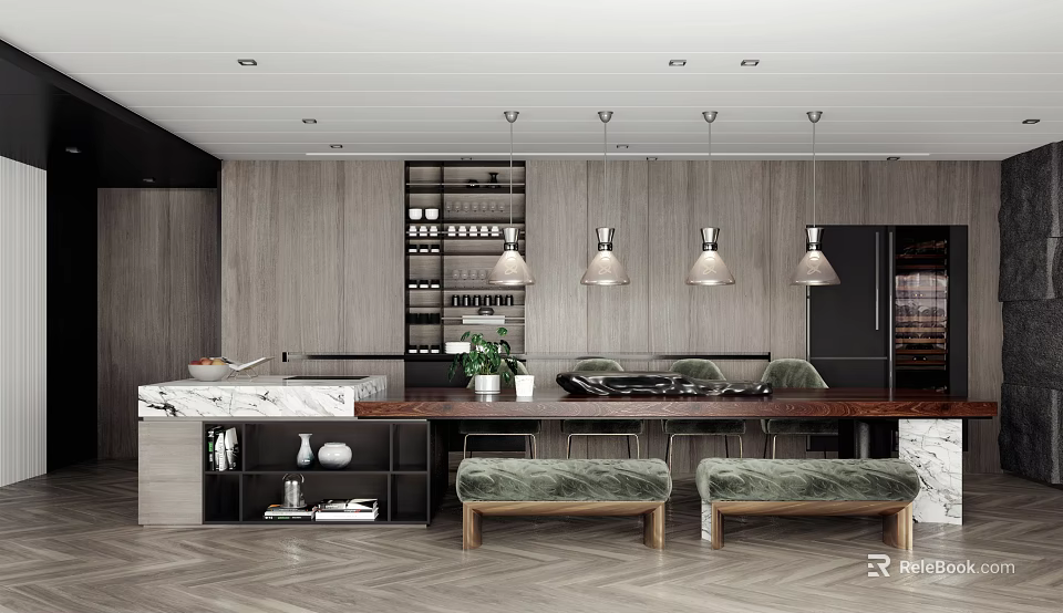 Modern Restaurant Interior With Open Kitchen Design Wooden Elements And Hanging Lights 3d model