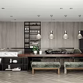 Modern Restaurant Interior With Open Kitchen Design Wooden Elements And Hanging Lights 3d model