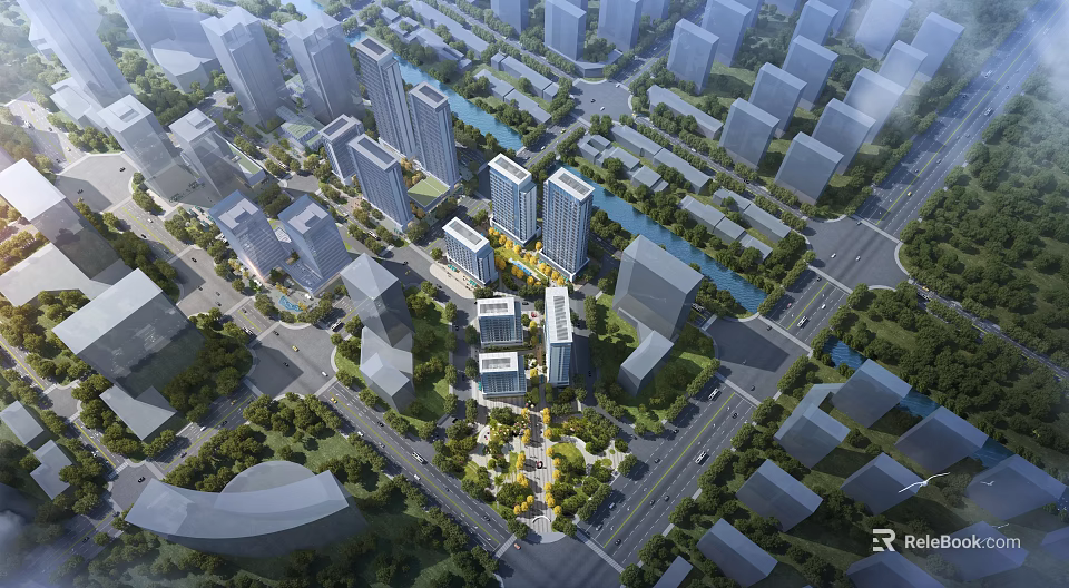 Urban Aerial Planning With High Rise Buildings Roads And Green Spaces 3d model 