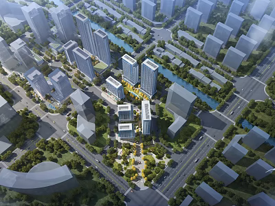 Urban Aerial Planning With High Rise Buildings Roads And Green Spaces 3d model