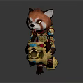 Cute Red Panda Character Wearing Golden Armor With Dragon Headed Weapon And Colorful Details