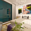Modern Apartment Bedroom Interior Design With White Bedding Large Window Curtains And Wall Painting
